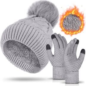 Womens Winter Knitted Beanie Hat Glove Set,Pom Pom Beanie Warmer Fleece Lined Knit Touchscreen Gloves for Women