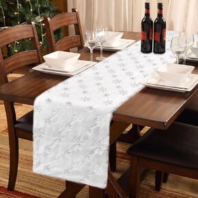 yuboo Fur Christmas Table Runner White and Silver Sequin Snowflakes, 72 inches Snow Furry Dresser Runner for Xmas Christmas Table Bed Decorations