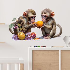 Lifelike Two Monkeys and Fruits Wall Decal Nursery Animal Wall Sticker Removable Peel and Stick Wall Art Decor for Kid Baby Classroom Preschool Living Room Playroom Bedroom School