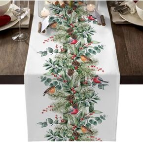 Christmas Table Runner Eucalyptus Leaves Xmas Tree Bird Cloth Table Runner Linen Table Decoration for Winter Holiday Wedding Party Home Dining Dinner Indoor Farmhouse Decor (13" x 72")