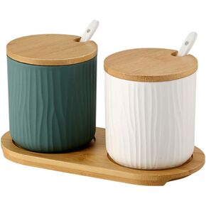 Set of 2 Ceramic Sugar Bowl 300ml Ceramic Spice Jar Condiment Pots with Bamboo Lid and Ceramic Spoon for Home and Kitchen, Height 3.93 inch,White and Gray