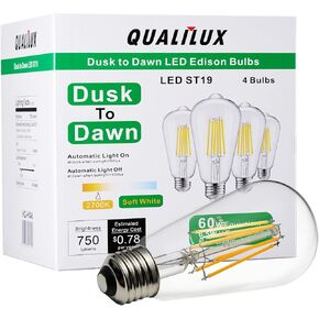 Dusk to Dawn Edison Light Bulbs ST58(ST19) Vintage, Soft White 2700K, 6.5W=60W, Non-Dimmable Auto On/Off, Light Sensing LED Filament Bulb Outdoor for porch patio garage garden,750LM, E26, 4-Pack