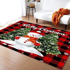 2x3ft Large Area Rugs for Living Room, Christmas Snowman Trees Area Runner Rugs Non Slip Bedroom Carpets Hallways Rug, Outdoor Indoor Nursery Rugs Décor, Red Plaid