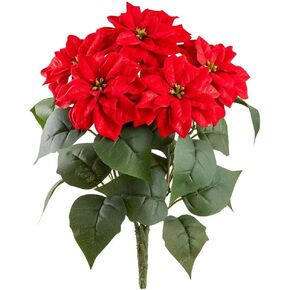 Red Christmas Velvet Poinsettia Bush, Artificial Floral, 14 Inches High, 5 Blossoms