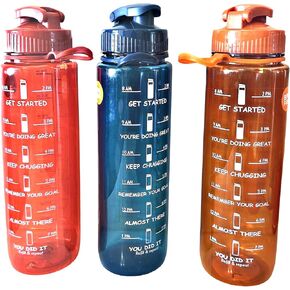 Motivational Water Bottle, 8am to 7pm Hourly Reminders - Daily Water Goal Measures (BPA Free) (Blue)