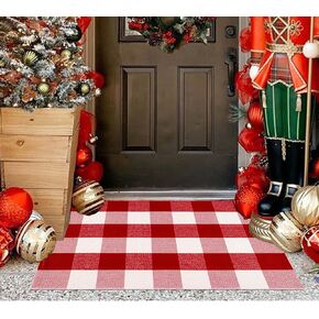 Christmas Front Porch Rug 3' x 5', Red and White Christmas Outdoor Rug Checkered Washable Rug Hand Woven Cotton Welcome Doormat for Layered Doormat Front Porch Decor