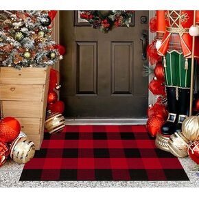 Christmas Front Porch Rug 3' x 5', Red and White Christmas Outdoor Rug Checkered Washable Rug Hand Woven Cotton Welcome Doormat for Layered Doormat Front Porch Decor