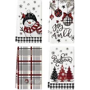 Artoid Mode Black Red Xmas Tree Snowman Christmas Kitchen Towels Dish Towels, 18x26 Inch Holiday Believe Bird Winter Decoration Hand Towels Set of 4