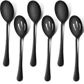 LIANYU 6 Pack Serving Spoons Set, 3 Large Serving Spoons, 3 Slotted Serving Spoons, Stainless Steel Buffet Dinner Restaurant Serving Spoons Set, Catering Serving Utensils for Party Banquet, 9.8 Inch