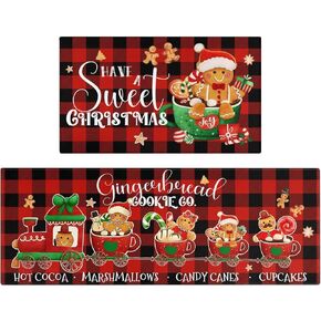 Merry Christmas Kitchen Rugs and Mats Set of 2,Buffalo Plaid Gingerbread Hot Cocoa Xmas Winter Holiday Sink Floor Mat Non Skid Washable for Home Farmhouse Christmas Decor 17"x47"+17"x30"