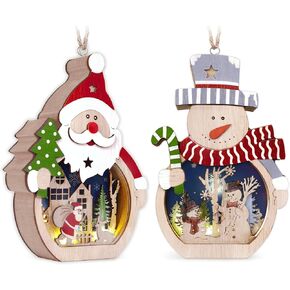 OurWarm 2 Pcs Wooden Christmas Ornaments, LED Luminous Wood Christmas Decor Snowman Santa Claus Christmas Tree Hanging Ornaments, Table Hotel Window Display, Crafts Gifts for Xmas Party Decor