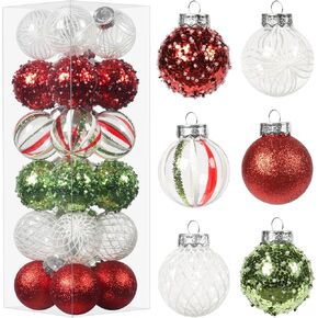 RostCaft 60MM/2.36Inch Clear Christmas Ornaments Set, 24PCS Shatterproof Christmas Ornaments Balls for Christmas Tree Hanging Decorations for Holiday Wedding Gifts Xmas Party Decor - Red/Green/White.