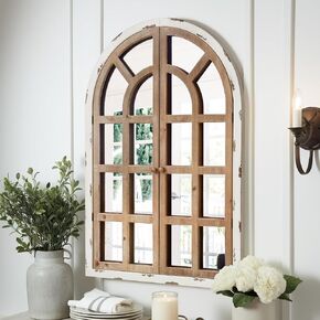 Arch Window Mirror,Rustic Farmhouse Cathedral Window Mirror,24X36 Inch Large Wood Window Pane Mirror,White Arched Decorative Accent Mirror