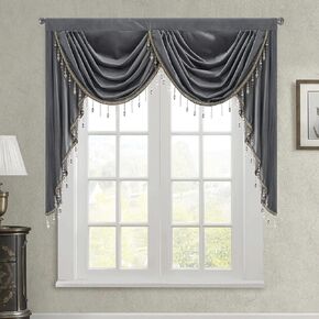 StangH Thick Velvet Curtains Valance for Living Room, Grey Waterfall Swag Valances with Beads Tassel for Bedroom Window Closet Office Sliding Door, W59 inches, 1 Panel