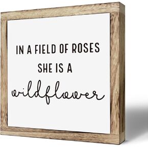 Farmhouse Wood Sign, Girls Room Decor, In A Field of Roses She is A Wildflower Sign, Daughter Bedroom Decor, Girl Nursery Decor, Wooden Plaques Box Signs, Decorative Wooden Desk Sign, 9.8 * 9.8 Inch