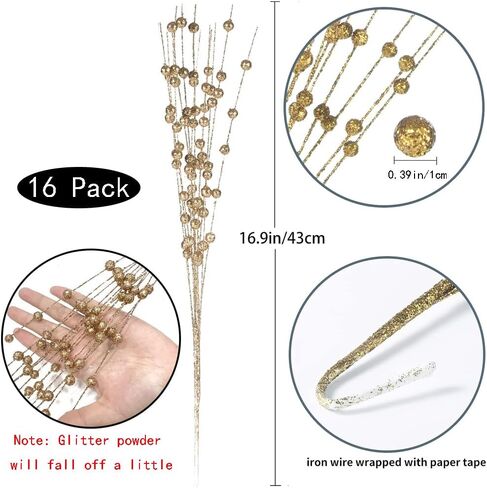 WEISPARK Christmas Tree Decor, 16 Pack Artificial Glitter Berry Stem Christmas Ornaments Decorative Bead Sticks for Christmas Tree Vase Wreath Home Wedding Party in Saudi Arabia