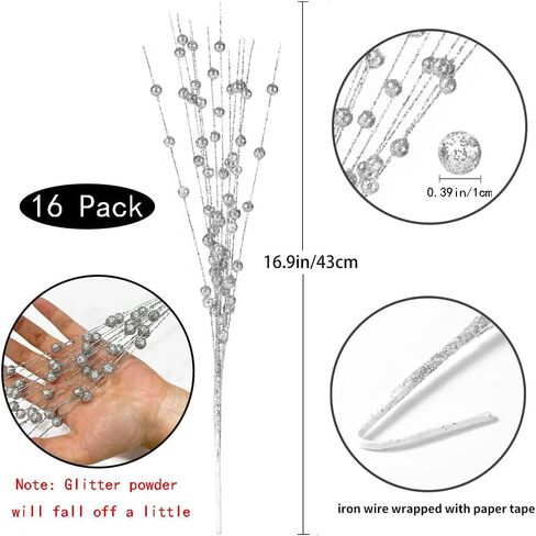 WEISPARK Christmas Tree Decor, 16 Pack Artificial Glitter Berry Stem Christmas Ornaments Decorative Bead Sticks for Christmas Tree Vase Wreath Home Wedding Party in Saudi Arabia