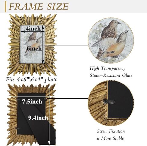 إطار صورة ذهبي، إطار صورة معدني عتيق مزخرف مقاس 4 × 6 مع واجهة زجاجية، عرض صور أشعة ذهبية فاخرة لذكريات الصور الثمينة على سطح الطاولة أفقيًا أو رأسيًا in Kuwait