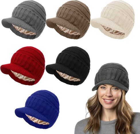 Cuffbow 6 قطع قبعة صغيرة مبطنة بالساتان مع حافة قناع للنساء والرجال شتاء دافئ متماسكة الحرير مبطن قبعة قبعة مترهل مع حافة قناع in Kuwait