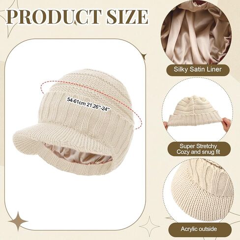 Cuffbow 6 قطع قبعة صغيرة مبطنة بالساتان مع حافة قناع للنساء والرجال شتاء دافئ متماسكة الحرير مبطن قبعة قبعة مترهل مع حافة قناع in Kuwait