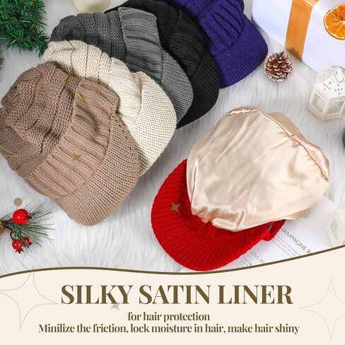 Cuffbow 6 قطع قبعة صغيرة مبطنة بالساتان مع حافة قناع للنساء والرجال شتاء دافئ متماسكة الحرير مبطن قبعة قبعة مترهل مع حافة قناع in Kuwait
