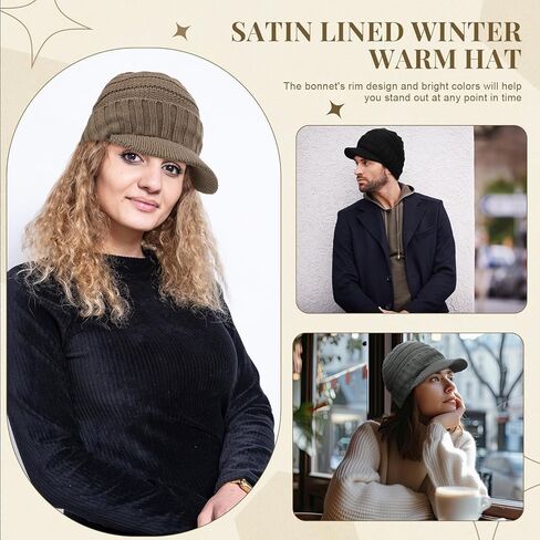 Cuffbow 6 قطع قبعة صغيرة مبطنة بالساتان مع حافة قناع للنساء والرجال شتاء دافئ متماسكة الحرير مبطن قبعة قبعة مترهل مع حافة قناع in Kuwait