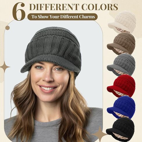 Cuffbow 6 قطع قبعة صغيرة مبطنة بالساتان مع حافة قناع للنساء والرجال شتاء دافئ متماسكة الحرير مبطن قبعة قبعة مترهل مع حافة قناع in Kuwait