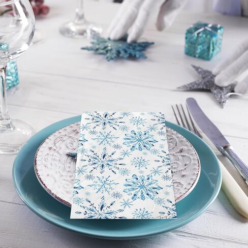 200Pcs Christmas Snowflake Guest Napkins Watercolor Blue Snowflake Disposable Napkins Winter Xmas Dinner Hand Towel Paper Napkins for Bathroom Wedding Holiday Party Table Supplies in Saudi Arabia