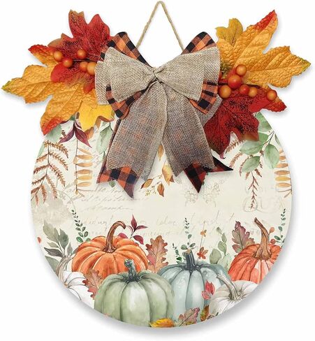Fall Pumpkin Welcome Sign,10 Inch Round Wooden Sign, Watercolor Pumpkins Fallen Leaves Fall Retro Hanging Wall Sign for Thanksgiving Harvest Rustic Fall Decorations for Front Door/Kitchen/Porch Wall in Saudi Arabia
