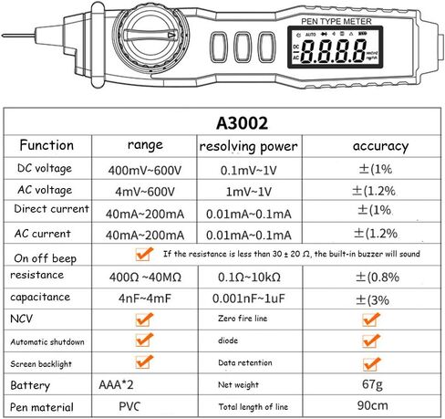 1 قطعة A3002 قلم متعدد رقمي متعدد الوظائف التيار المتناوب تيار مستمر الجهد المقاومة ديود اختبار عدم الاتصال اختبار أداة 4000 التهم نوع in Kuwait