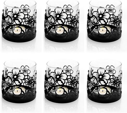 Lily’s Home Cutout Shadow Box Votive Tea Light Hurricane Glass Candle Holders, Centerpiece Lighting for Weddings, Entertaining and Home Decor, Flowers Garden Design, Black, Set of Six in Saudi Arabia