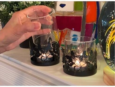 Lily’s Home Cutout Shadow Box Votive Tea Light Hurricane Glass Candle Holders, Centerpiece Lighting for Weddings, Entertaining and Home Decor, Flowers Garden Design, Black, Set of Six in Saudi Arabia