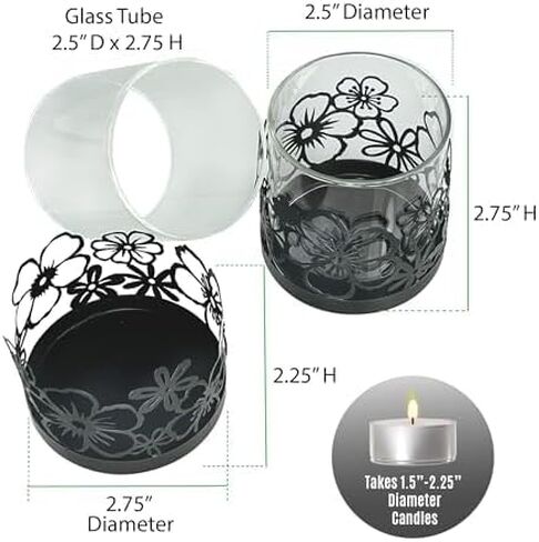 Lily’s Home Cutout Shadow Box Votive Tea Light Hurricane Glass Candle Holders, Centerpiece Lighting for Weddings, Entertaining and Home Decor, Flowers Garden Design, Black, Set of Six in Saudi Arabia