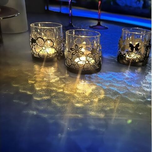 Lily’s Home Cutout Shadow Box Votive Tea Light Hurricane Glass Candle Holders, Centerpiece Lighting for Weddings, Entertaining and Home Decor, Flowers Garden Design, Black, Set of Six in Saudi Arabia