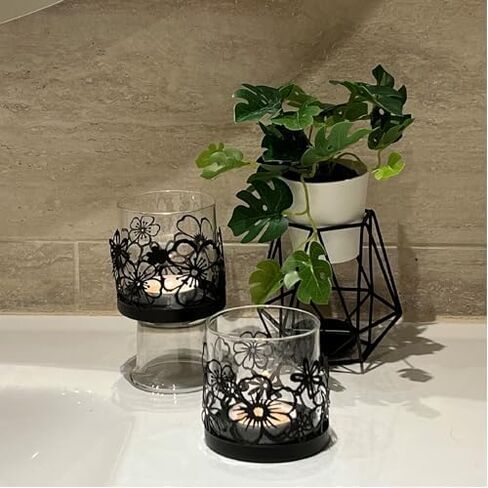 Lily’s Home Cutout Shadow Box Votive Tea Light Hurricane Glass Candle Holders, Centerpiece Lighting for Weddings, Entertaining and Home Decor, Flowers Garden Design, Black, Set of Six in Saudi Arabia