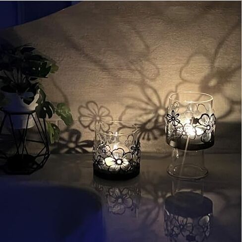 Lily’s Home Cutout Shadow Box Votive Tea Light Hurricane Glass Candle Holders, Centerpiece Lighting for Weddings, Entertaining and Home Decor, Flowers Garden Design, Black, Set of Six in Saudi Arabia