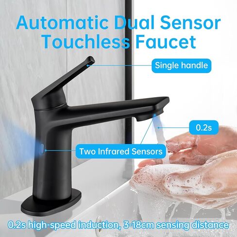 Touchless Smart Bathroom Faucet for 1 or 3 Holes, Automatic Sensor Faucet 1 Handle, Adjustable Cold & Hot Temperature & Water Flow, Short & Long Instruction Modes, Metal Chromed Faucet in Kuwait