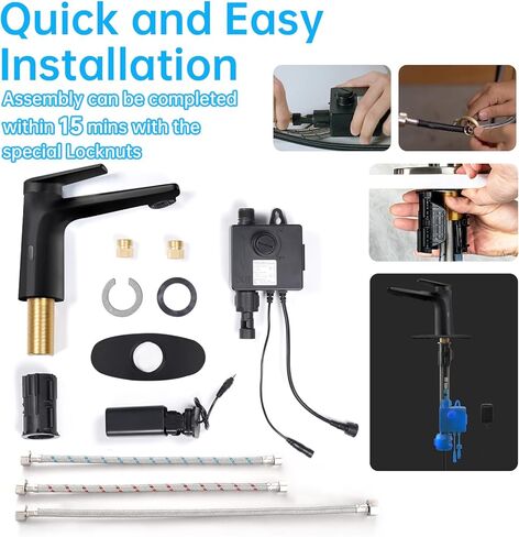 Touchless Smart Bathroom Faucet for 1 or 3 Holes, Automatic Sensor Faucet 1 Handle, Adjustable Cold & Hot Temperature & Water Flow, Short & Long Instruction Modes, Metal Chromed Faucet in Kuwait