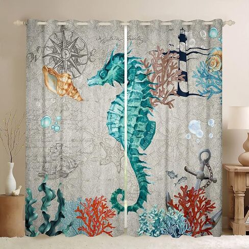jejeloiu ستائر حصان البحر لغرفة النوم وغرفة المعيشة 2 لوحات، 38 × 54 بوصة للأطفال ريترو المحيط البحر البحري مرساة ديكور ستائر التعتيم البحرية موضوع سواد الستائر نافذة العلاجات in Kuwait