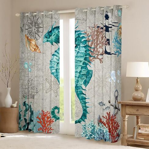 jejeloiu ستائر حصان البحر لغرفة النوم وغرفة المعيشة 2 لوحات، 38 × 54 بوصة للأطفال ريترو المحيط البحر البحري مرساة ديكور ستائر التعتيم البحرية موضوع سواد الستائر نافذة العلاجات in Kuwait