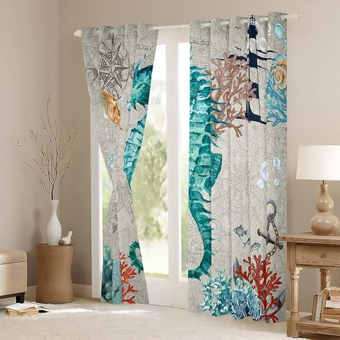 jejeloiu ستائر حصان البحر لغرفة النوم وغرفة المعيشة 2 لوحات، 38 × 54 بوصة للأطفال ريترو المحيط البحر البحري مرساة ديكور ستائر التعتيم البحرية موضوع سواد الستائر نافذة العلاجات in Kuwait