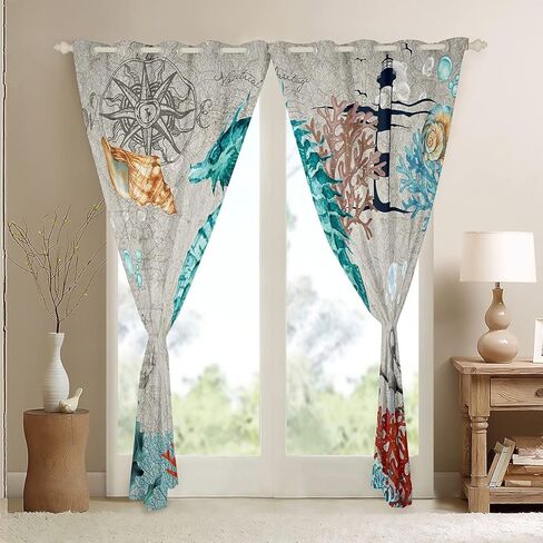 jejeloiu ستائر حصان البحر لغرفة النوم وغرفة المعيشة 2 لوحات، 38 × 54 بوصة للأطفال ريترو المحيط البحر البحري مرساة ديكور ستائر التعتيم البحرية موضوع سواد الستائر نافذة العلاجات in Kuwait