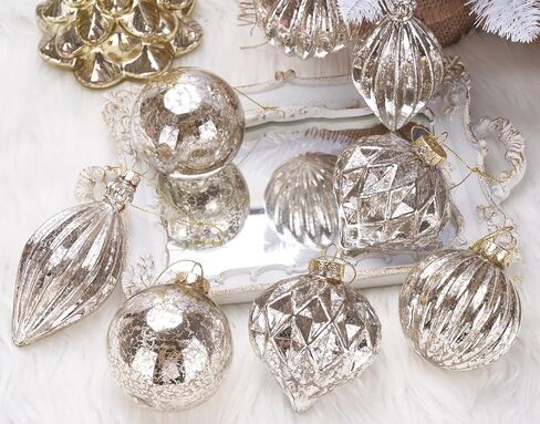 Mercury Glass Christmas Ornaments Set of 8 Champagne Gold 3.54 Inches Large Hanging Balls Finial Xmas Tree Decorations in Saudi Arabia