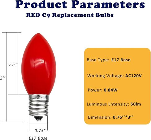 25 حزمة من مصابيح C9 LED الحمراء، مصابيح بديلة C9 لأضواء شجرة عيد الميلاد في الفناء وسلسلة أضواء خارجية داخلية، قاعدة متوسطة E17/C9، 7 وات، أحمر سيراميكي in Saudi Arabia