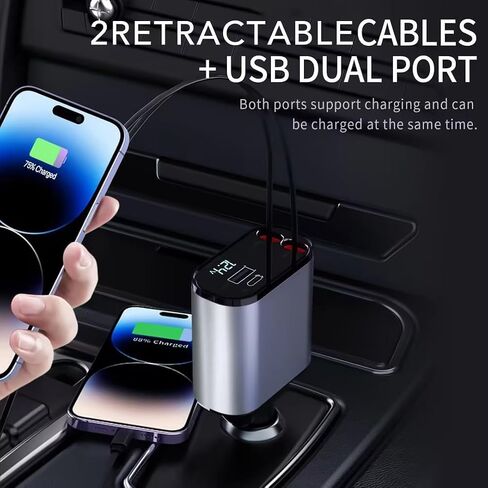 Retractable Car Charger, 4 in 1 Fast Car Phone Charger 66W, Retractable Cables [30W PD 3.0] and USB Car Charger, USB C Car Charger for iPhone 15/14/13/12/11, Galaxy, Pixel in Kuwait