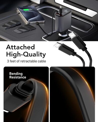 Retractable Car Charger, 4 in 1 Fast Car Phone Charger 66W, Retractable Cables [30W PD 3.0] and USB Car Charger, USB C Car Charger for iPhone 15/14/13/12/11, Galaxy, Pixel in Kuwait