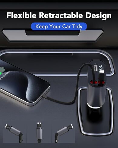 Retractable Car Charger, 4 in 1 Fast Car Phone Charger 66W, Retractable Cables [30W PD 3.0] and USB Car Charger, USB C Car Charger for iPhone 15/14/13/12/11, Galaxy, Pixel in Kuwait