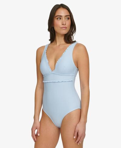 Tommy Hilfiger Women's Micro Ruffle Over The Shoulder Everyday Basic One Piece in Saudi Arabia