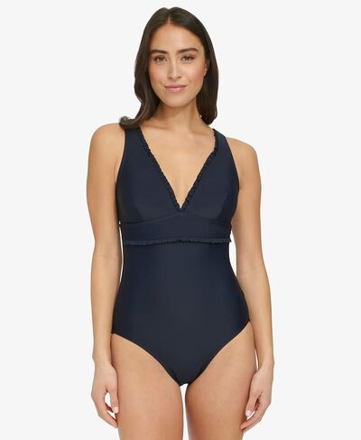 Tommy Hilfiger Women's Micro Ruffle Over The Shoulder Everyday Basic One Piece in Saudi Arabia