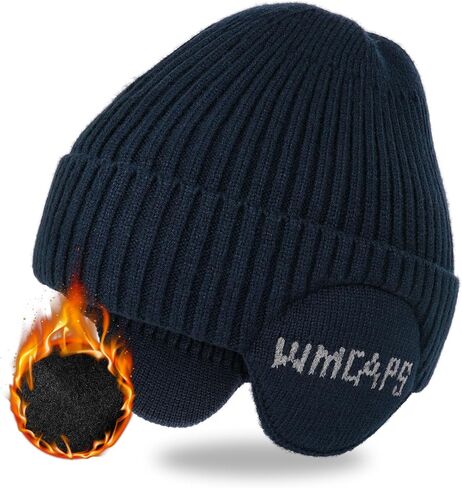 Wmcaps Fleece Line Beanie with Earflap,Winter Knitted Hat for Men Women Stocking Caps for Cold Weather in Kuwait